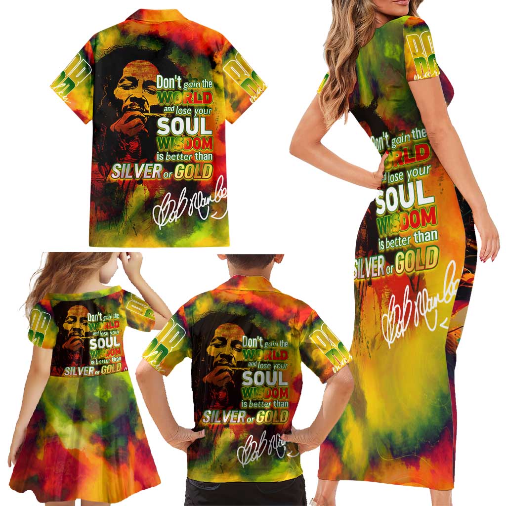 The Legend of Reggae Family Matching Short Sleeve Bodycon Dress and Hawaiian Shirt Bob One Love Colorful Art