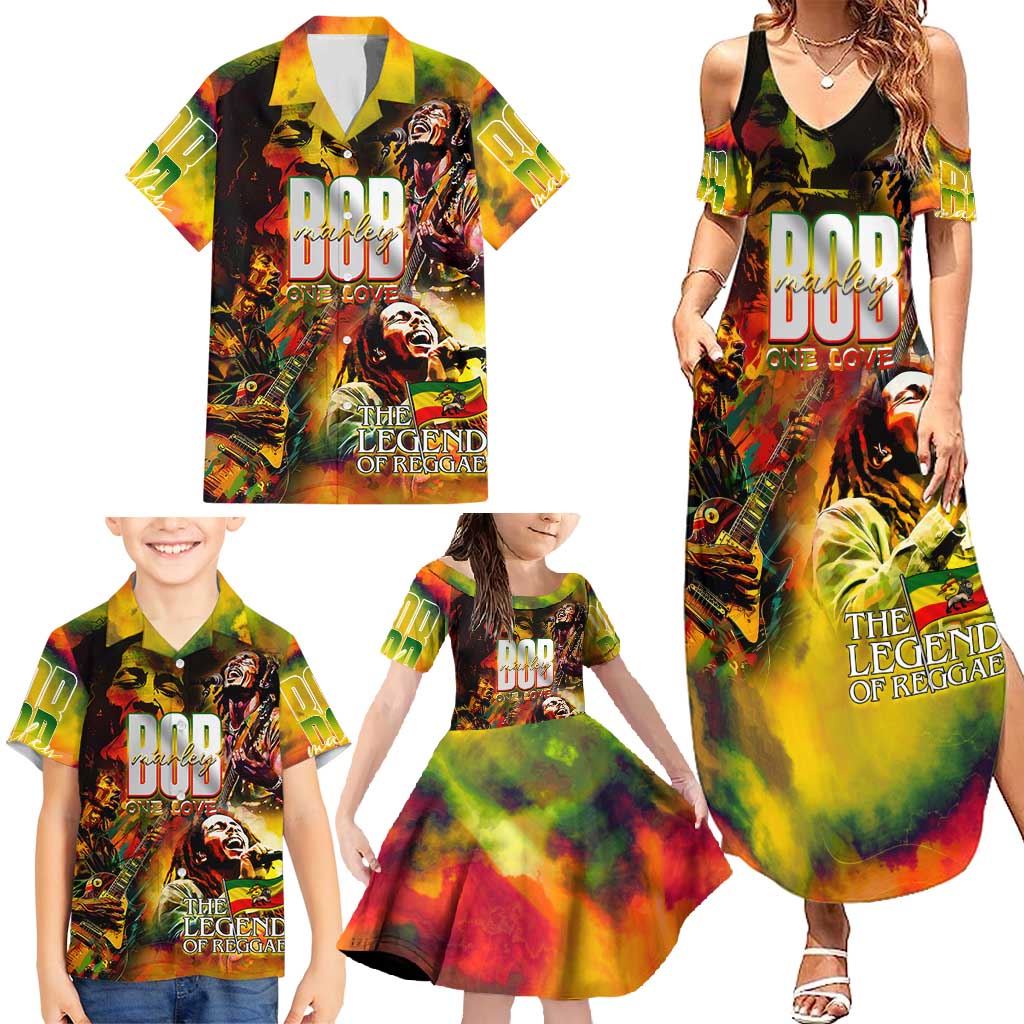 The Legend of Reggae Family Matching Summer Maxi Dress and Hawaiian Shirt Bob One Love Colorful Art