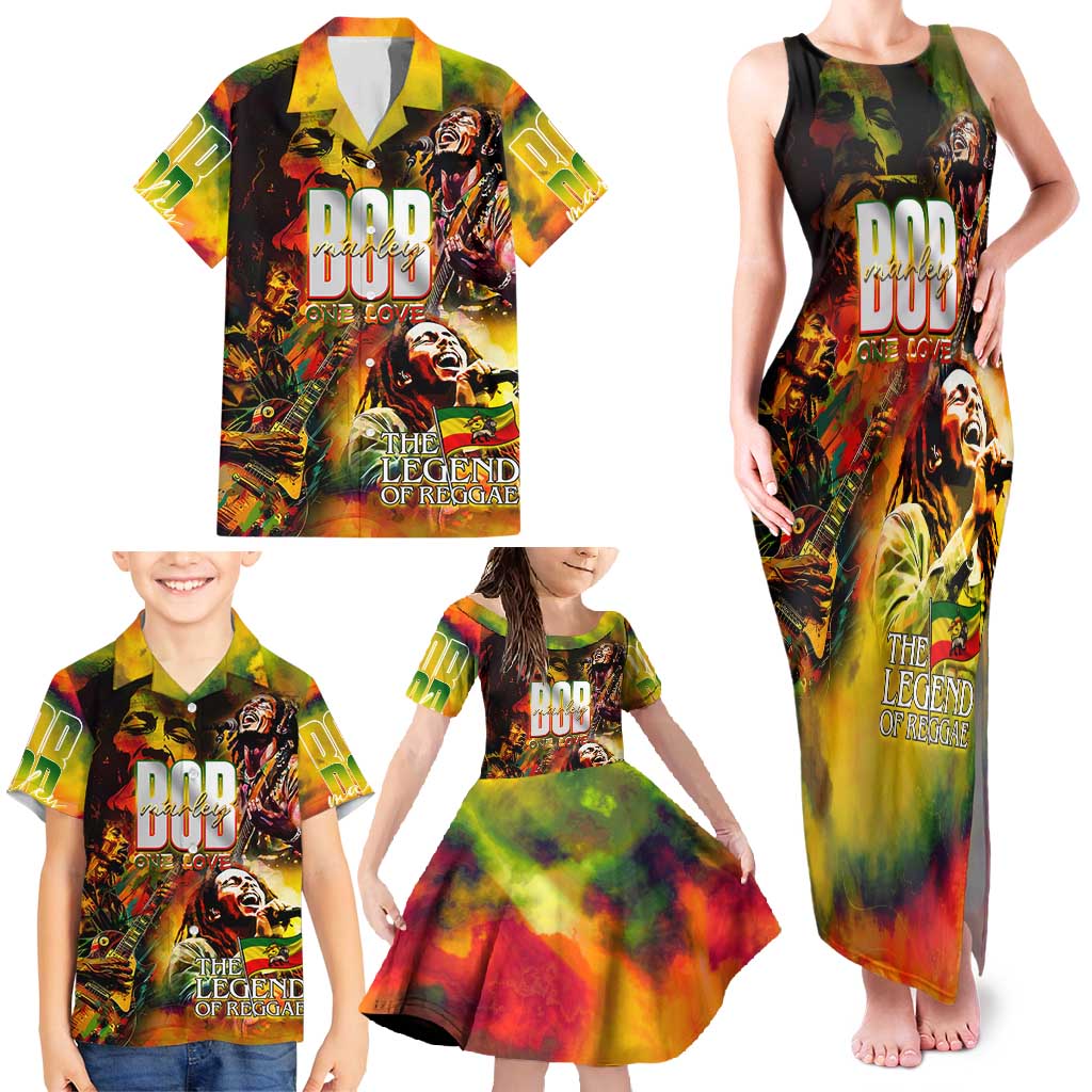 The Legend of Reggae Family Matching Tank Maxi Dress and Hawaiian Shirt Bob One Love Colorful Art