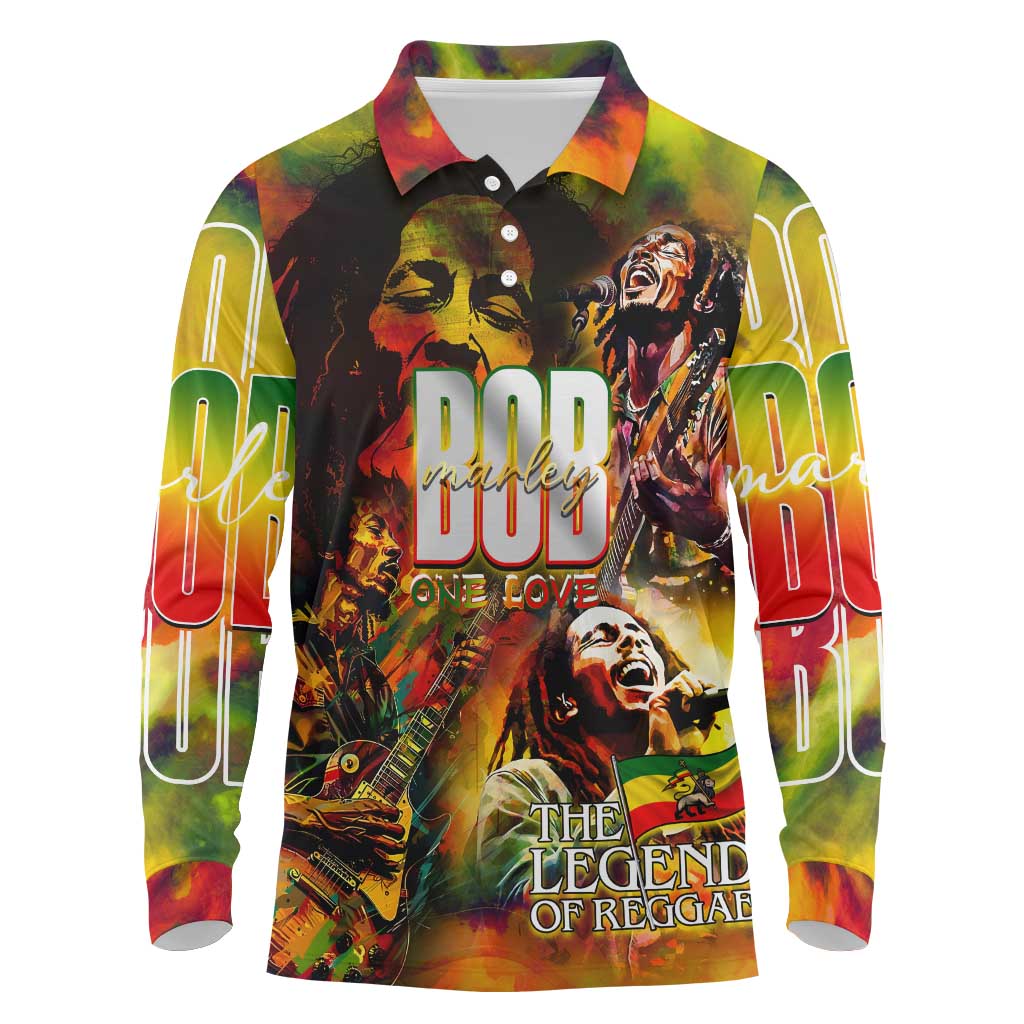 The Legend of Reggae Long Sleeve Polo Shirt Bob One Love Colorful Art