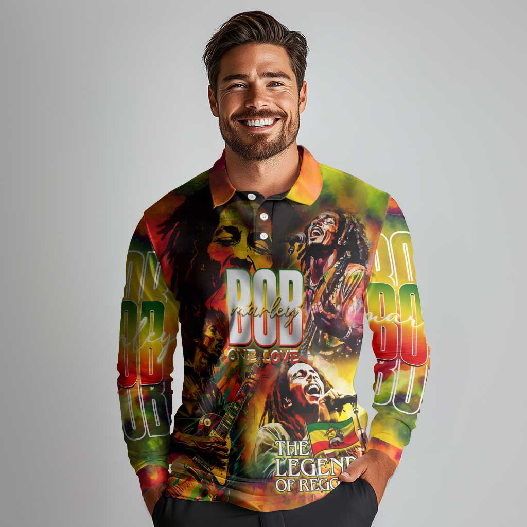 The Legend of Reggae Long Sleeve Polo Shirt Bob One Love Colorful Art