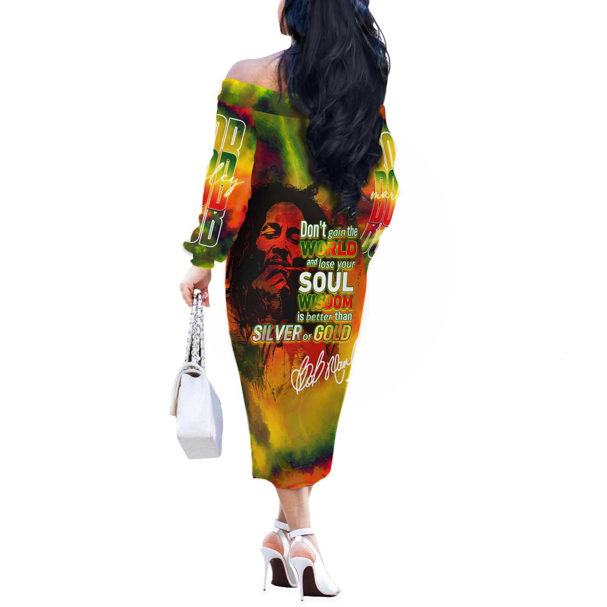 The Legend of Reggae Off The Shoulder Long Sleeve Dress Bob One Love Colorful Art