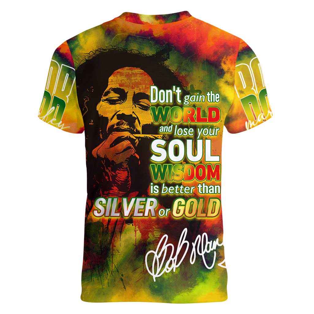 The Legend of Reggae Women V-Neck T-Shirt Bob One Love Colorful Art