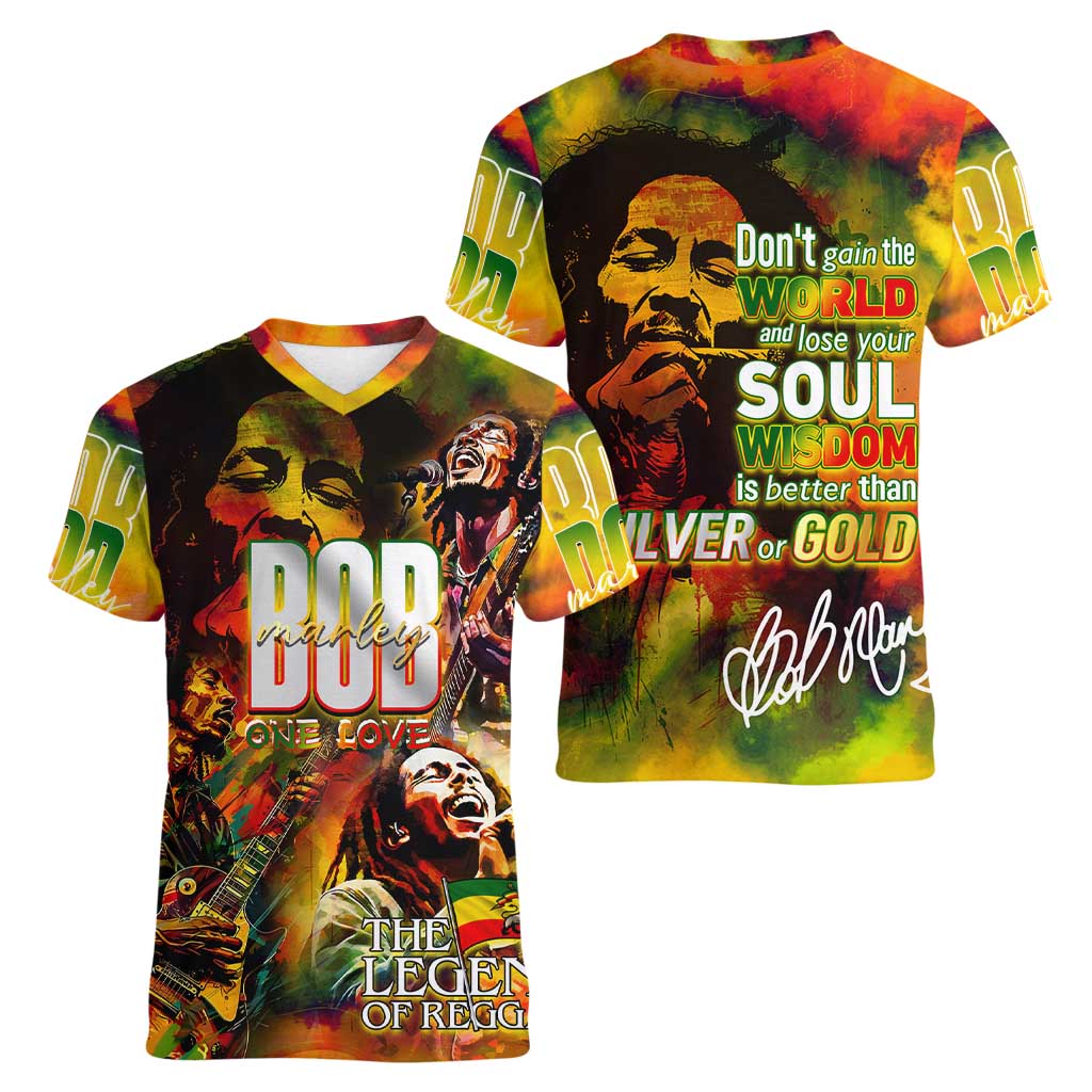 The Legend of Reggae Women V-Neck T-Shirt Bob One Love Colorful Art