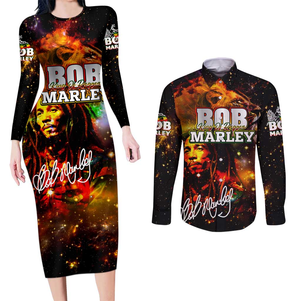 Bob King Of Reggae Couples Matching Long Sleeve Bodycon Dress and Long Sleeve Button Shirt Rastafari Lion - You Never Know How Strong You Are