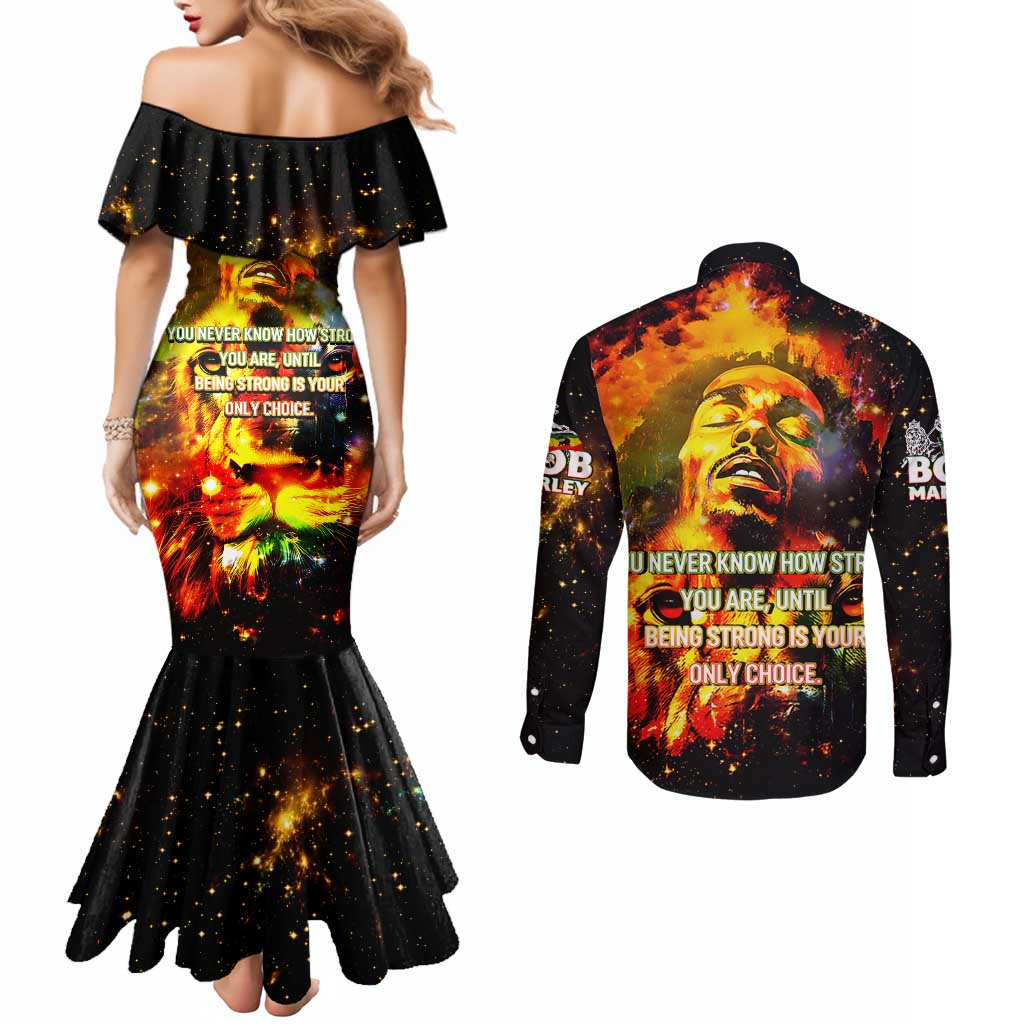 Bob King Of Reggae Couples Matching Mermaid Dress and Long Sleeve Button Shirt Rastafari Lion - You Never Know How Strong You Are