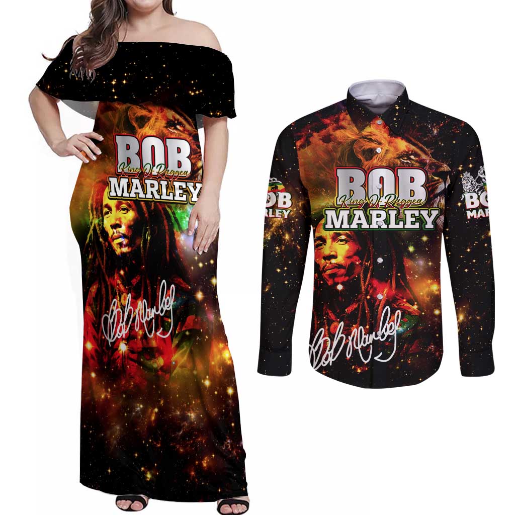 Bob King Of Reggae Couples Matching Off Shoulder Maxi Dress and Long Sleeve Button Shirt Rastafari Lion - You Never Know How Strong You Are