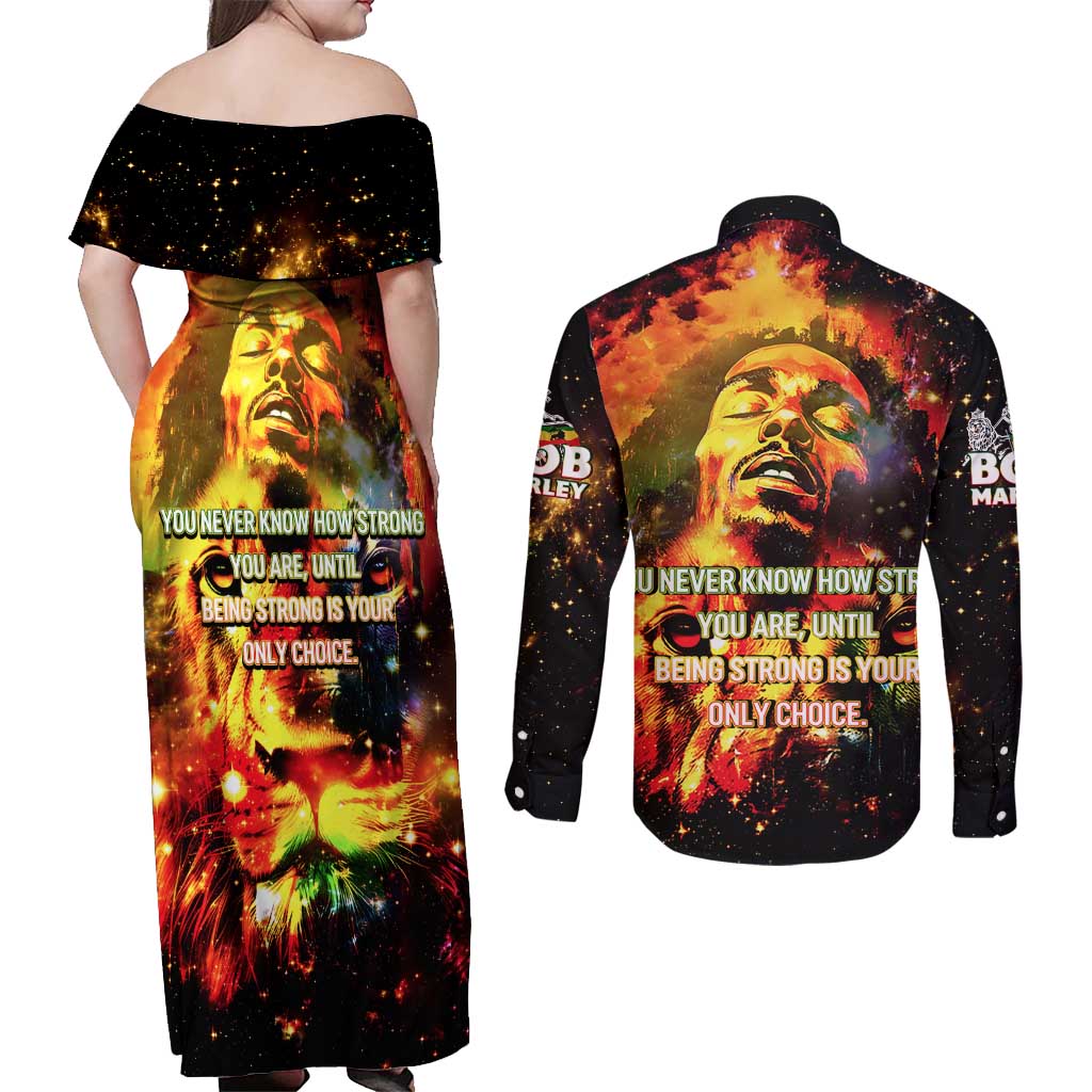 Bob King Of Reggae Couples Matching Off Shoulder Maxi Dress and Long Sleeve Button Shirt Rastafari Lion - You Never Know How Strong You Are