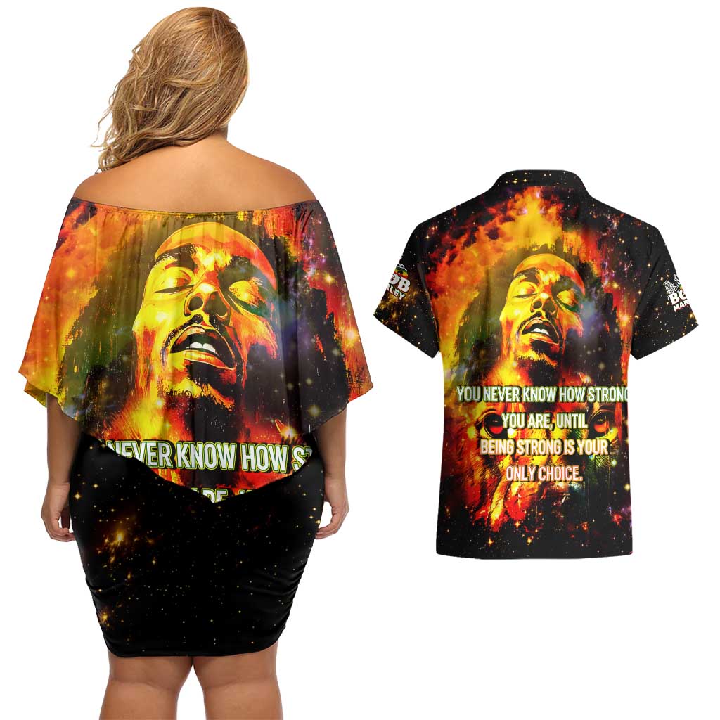 Bob King Of Reggae Couples Matching Off Shoulder Short Dress and Hawaiian Shirt Rastafari Lion - You Never Know How Strong You Are