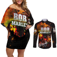 Bob King Of Reggae Couples Matching Off Shoulder Short Dress and Long Sleeve Button Shirt Rastafari Lion - You Never Know How Strong You Are