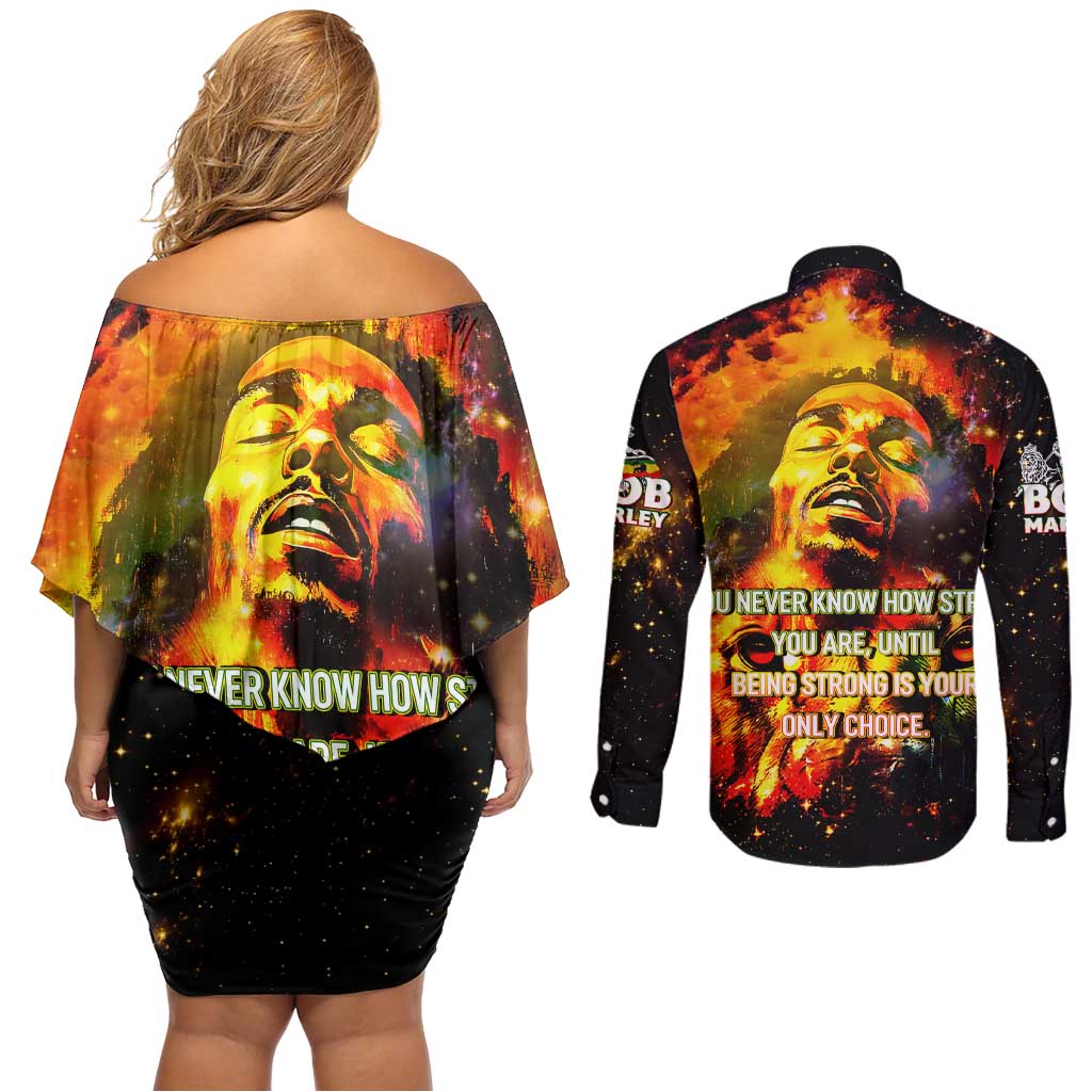 Bob King Of Reggae Couples Matching Off Shoulder Short Dress and Long Sleeve Button Shirt Rastafari Lion - You Never Know How Strong You Are