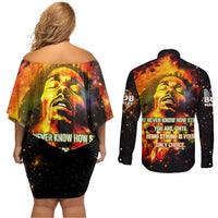 Bob King Of Reggae Couples Matching Off Shoulder Short Dress and Long Sleeve Button Shirt Rastafari Lion - You Never Know How Strong You Are