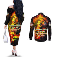 Bob King Of Reggae Couples Matching Off The Shoulder Long Sleeve Dress and Long Sleeve Button Shirt Rastafari Lion - You Never Know How Strong You Are