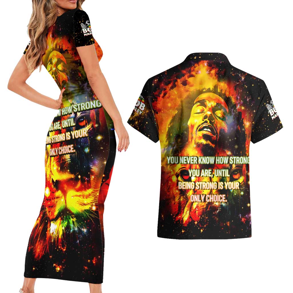 Bob King Of Reggae Couples Matching Short Sleeve Bodycon Dress and Hawaiian Shirt Rastafari Lion - You Never Know How Strong You Are