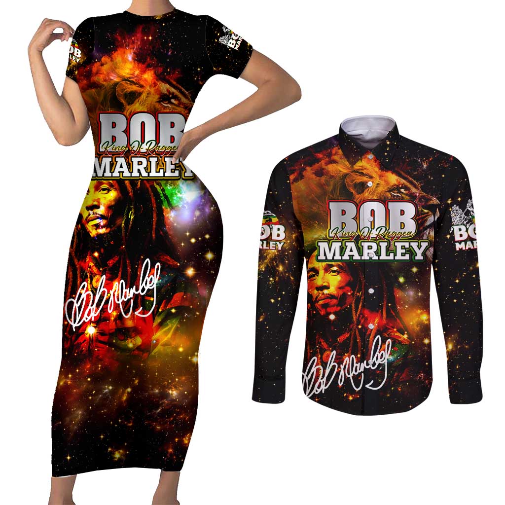 Bob King Of Reggae Couples Matching Short Sleeve Bodycon Dress and Long Sleeve Button Shirt Rastafari Lion - You Never Know How Strong You Are