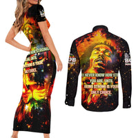 Bob King Of Reggae Couples Matching Short Sleeve Bodycon Dress and Long Sleeve Button Shirt Rastafari Lion - You Never Know How Strong You Are