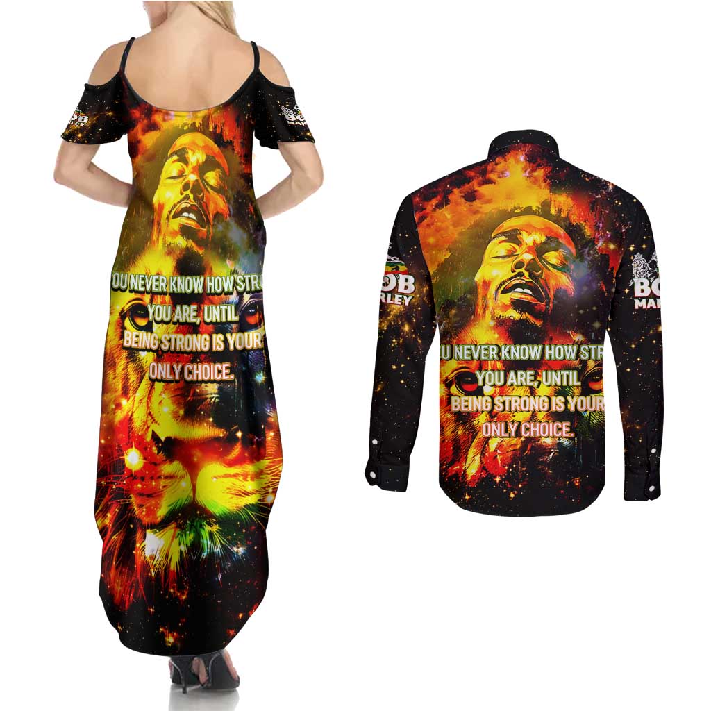 Bob King Of Reggae Couples Matching Summer Maxi Dress and Long Sleeve Button Shirt Rastafari Lion - You Never Know How Strong You Are