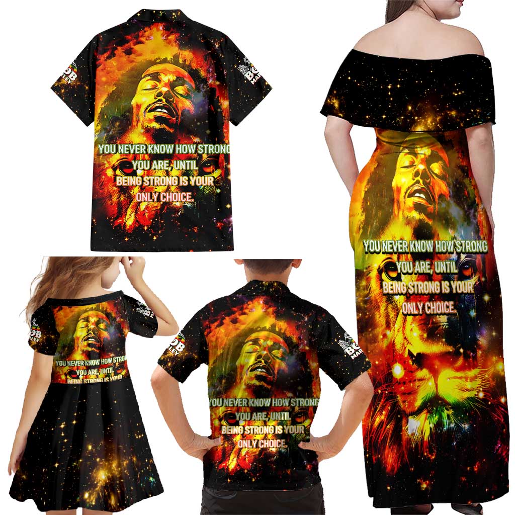 Bob King Of Reggae Family Matching Off Shoulder Maxi Dress and Hawaiian Shirt Rastafari Lion - You Never Know How Strong You Are