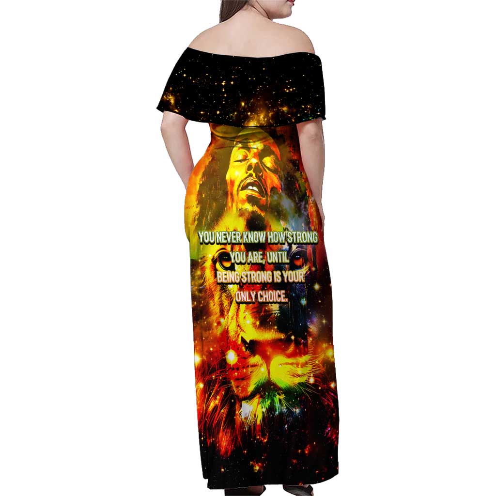 Bob King Of Reggae Family Matching Off Shoulder Maxi Dress and Hawaiian Shirt Rastafari Lion - You Never Know How Strong You Are