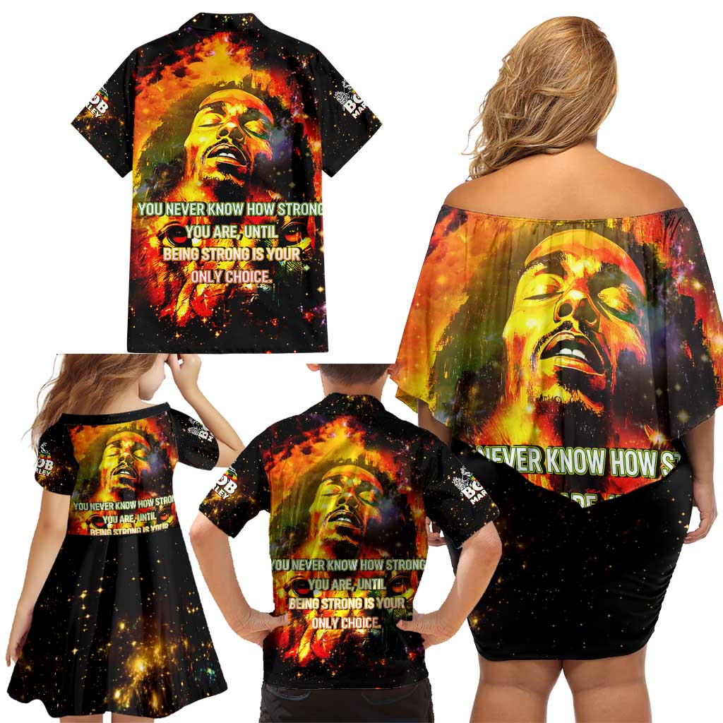 Bob King Of Reggae Family Matching Off Shoulder Short Dress and Hawaiian Shirt Rastafari Lion - You Never Know How Strong You Are