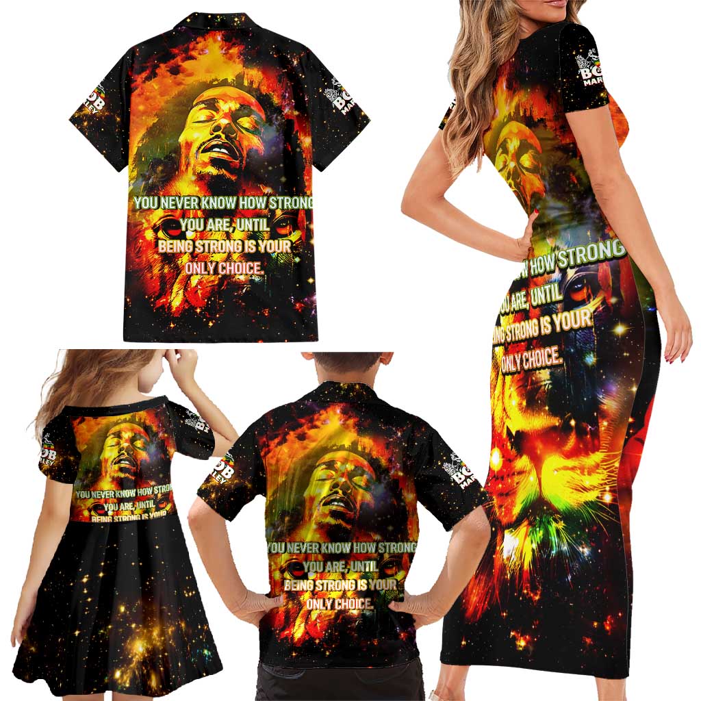 Bob King Of Reggae Family Matching Short Sleeve Bodycon Dress and Hawaiian Shirt Rastafari Lion - You Never Know How Strong You Are