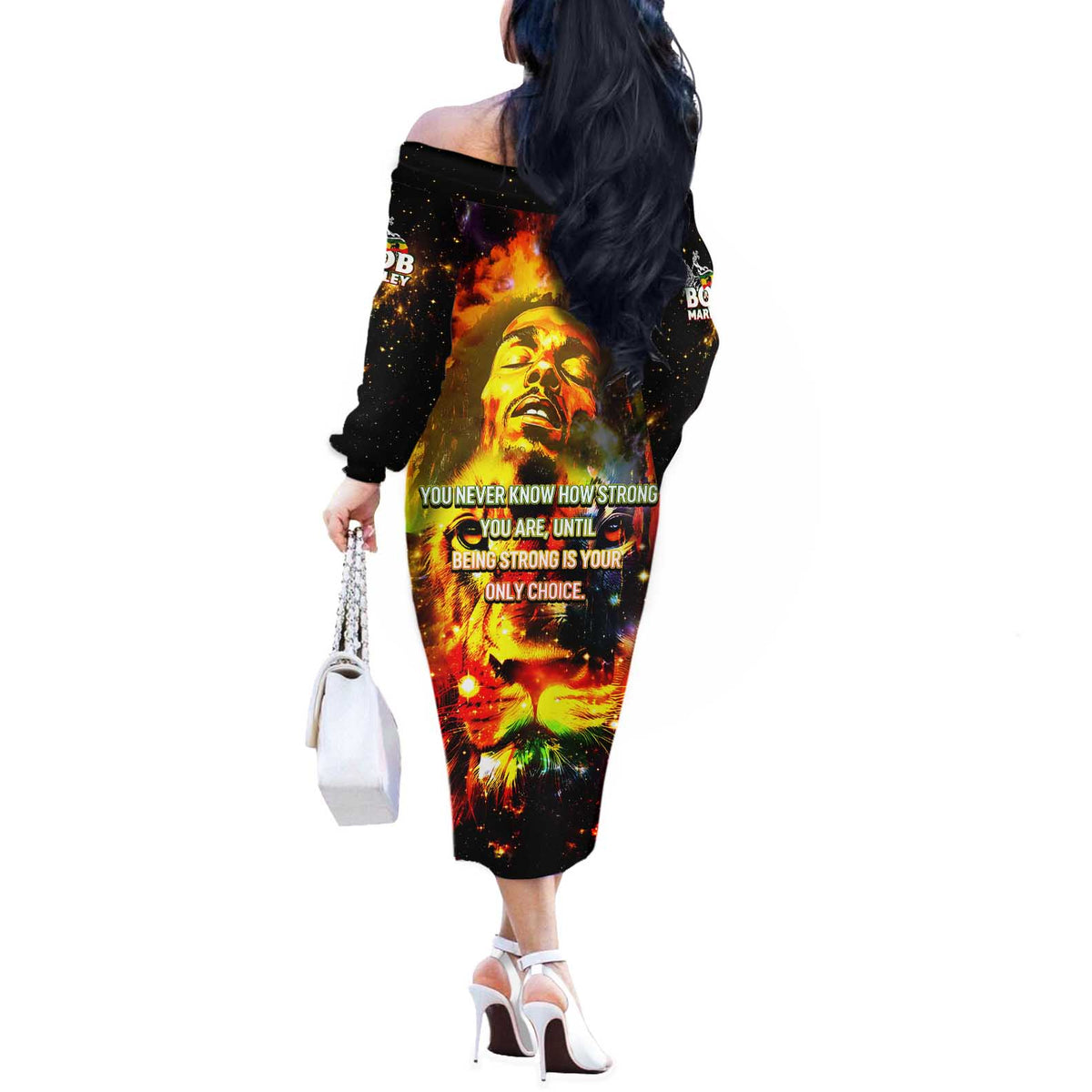 Bob King Of Reggae Off The Shoulder Long Sleeve Dress Rastafari Lion - You Never Know How Strong You Are