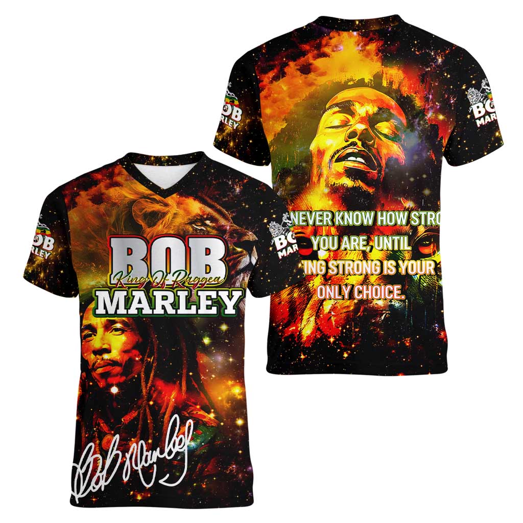 Bob King Of Reggae Women V-Neck T-Shirt Rastafari Lion - You Never Know How Strong You Are