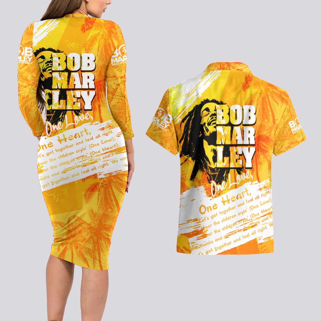 Legend Bob Reggae Couples Matching Long Sleeve Bodycon Dress and Hawaiian Shirt One Love One Heart Tropical Leaf