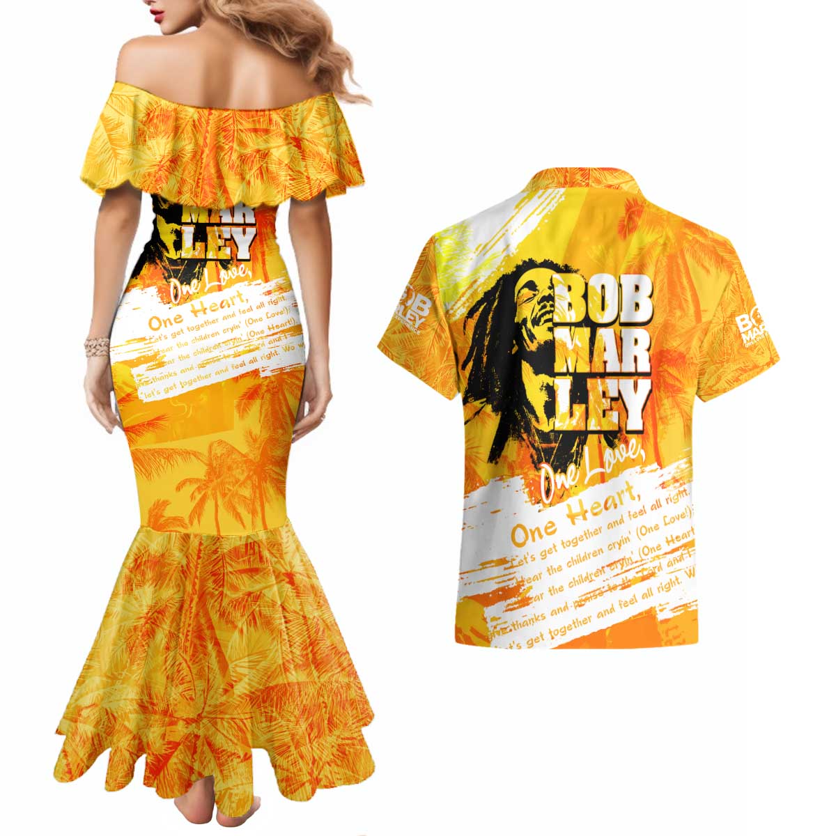 Legend Bob Reggae Couples Matching Mermaid Dress and Hawaiian Shirt One Love One Heart Tropical Leaf