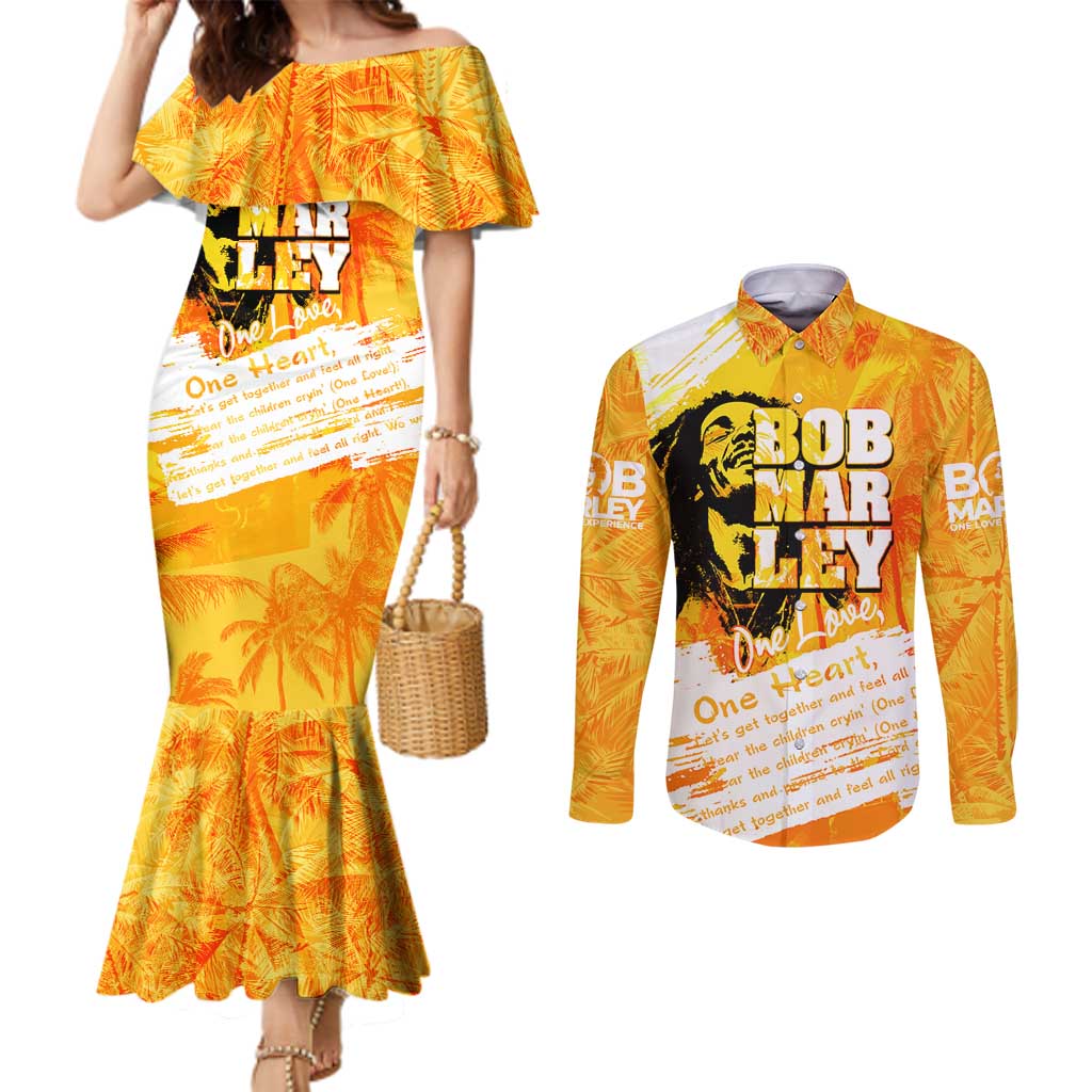 Legend Bob Reggae Couples Matching Mermaid Dress and Long Sleeve Button Shirt One Love One Heart Tropical Leaf