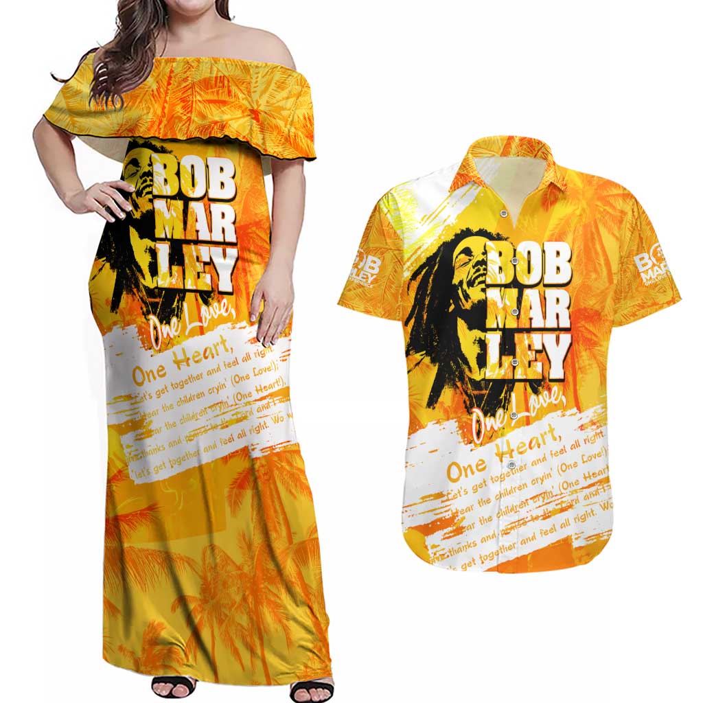 Legend Bob Reggae Couples Matching Off Shoulder Maxi Dress and Hawaiian Shirt One Love One Heart Tropical Leaf