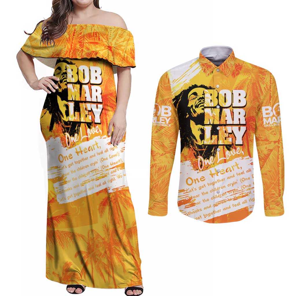 Legend Bob Reggae Couples Matching Off Shoulder Maxi Dress and Long Sleeve Button Shirt One Love One Heart Tropical Leaf