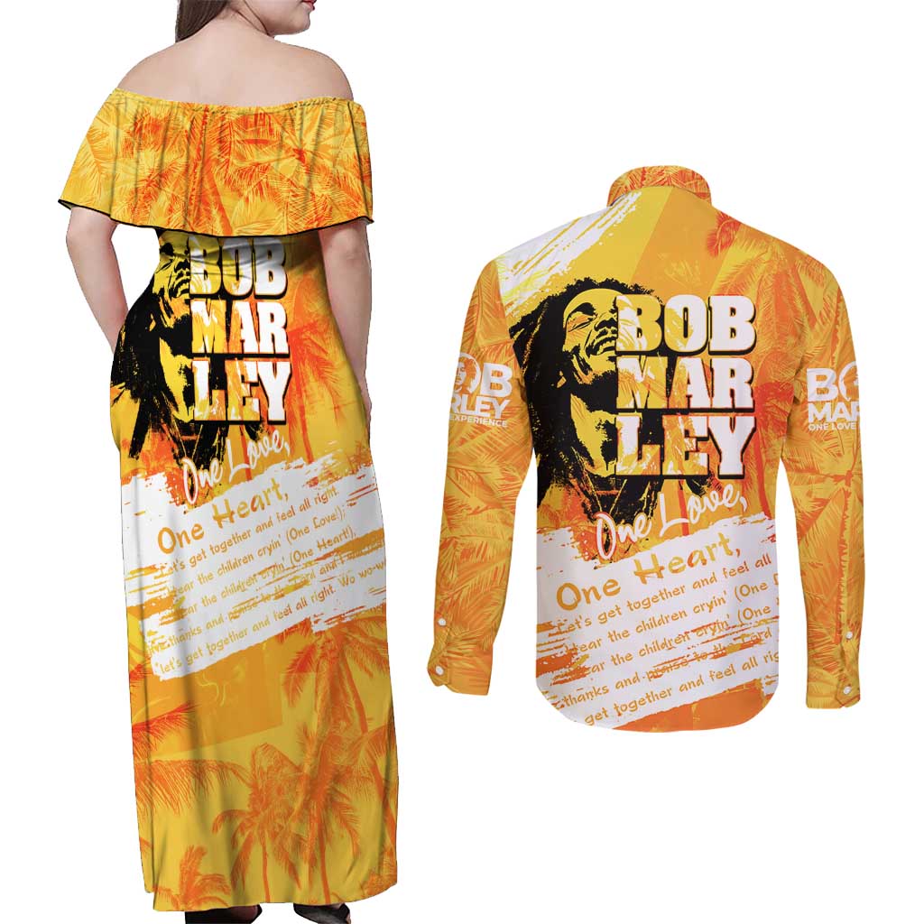 Legend Bob Reggae Couples Matching Off Shoulder Maxi Dress and Long Sleeve Button Shirt One Love One Heart Tropical Leaf