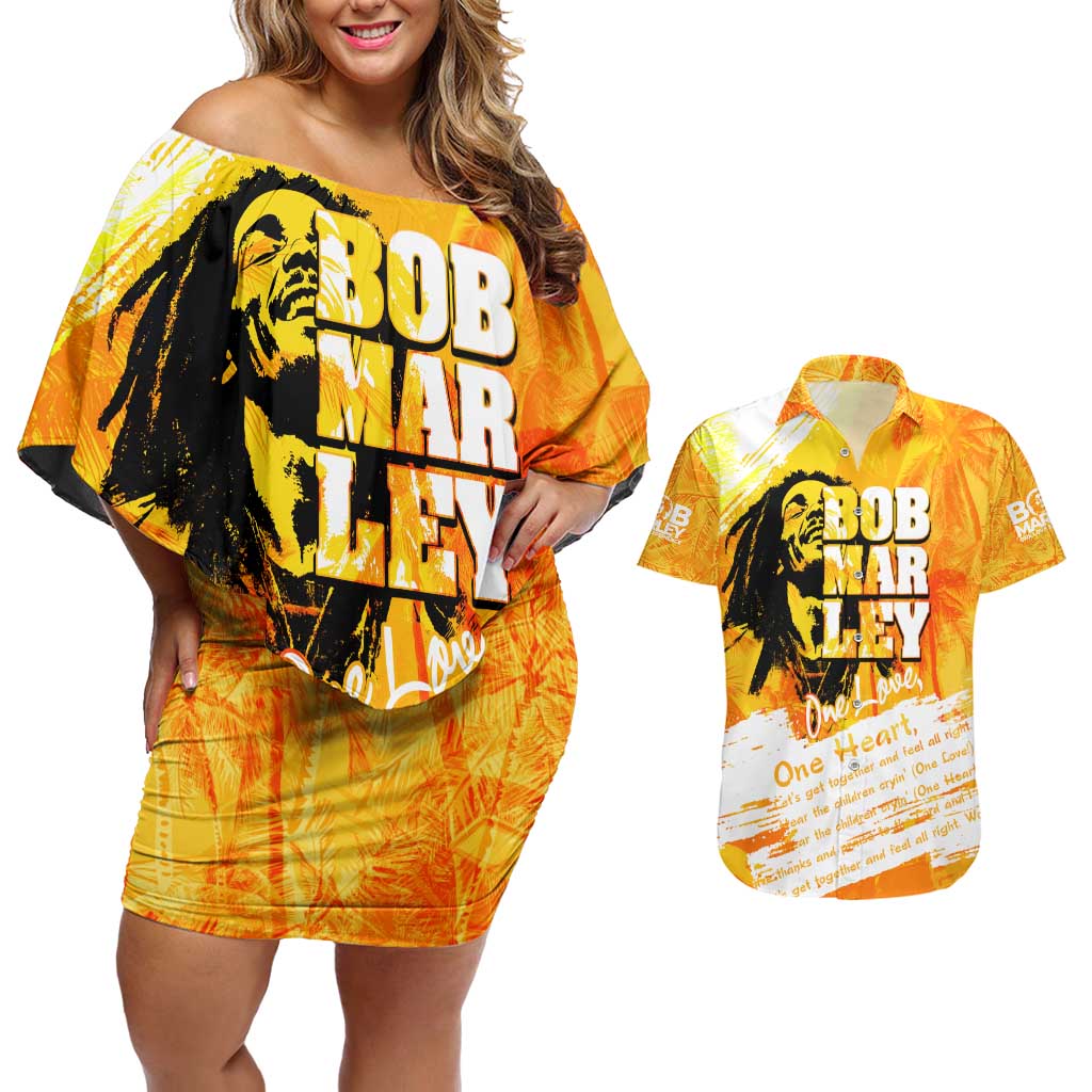 Legend Bob Reggae Couples Matching Off Shoulder Short Dress and Hawaiian Shirt One Love One Heart Tropical Leaf