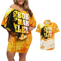 Legend Bob Reggae Couples Matching Off Shoulder Short Dress and Hawaiian Shirt One Love One Heart Tropical Leaf