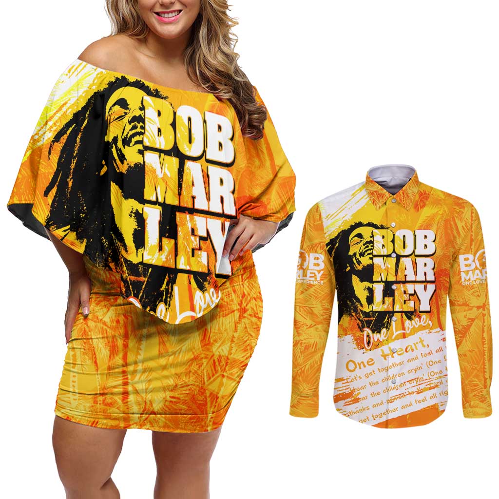Legend Bob Reggae Couples Matching Off Shoulder Short Dress and Long Sleeve Button Shirt One Love One Heart Tropical Leaf
