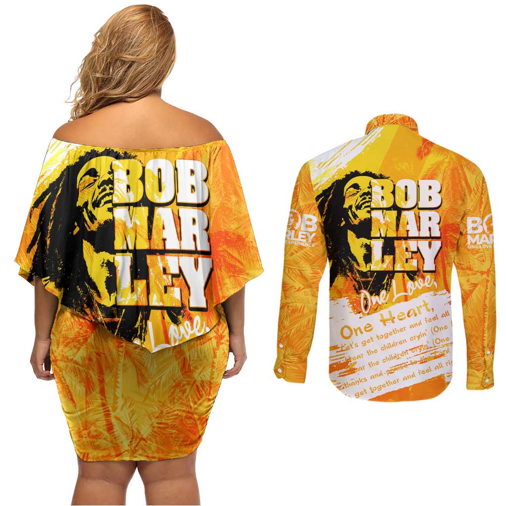 Legend Bob Reggae Couples Matching Off Shoulder Short Dress and Long Sleeve Button Shirt One Love One Heart Tropical Leaf