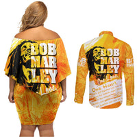 Legend Bob Reggae Couples Matching Off Shoulder Short Dress and Long Sleeve Button Shirt One Love One Heart Tropical Leaf