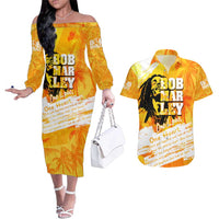 Legend Bob Reggae Couples Matching Off The Shoulder Long Sleeve Dress and Hawaiian Shirt One Love One Heart Tropical Leaf