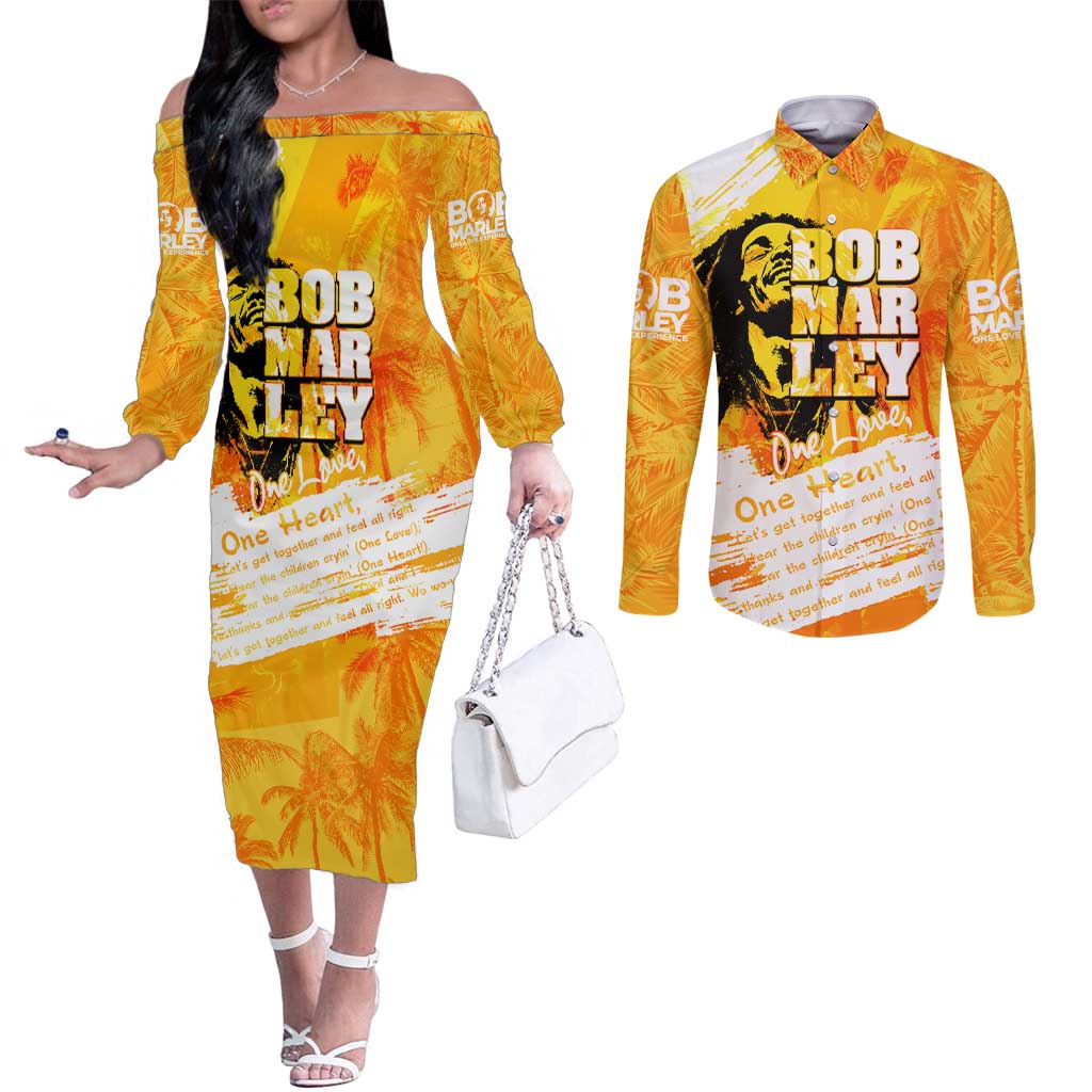 Legend Bob Reggae Couples Matching Off The Shoulder Long Sleeve Dress and Long Sleeve Button Shirt One Love One Heart Tropical Leaf