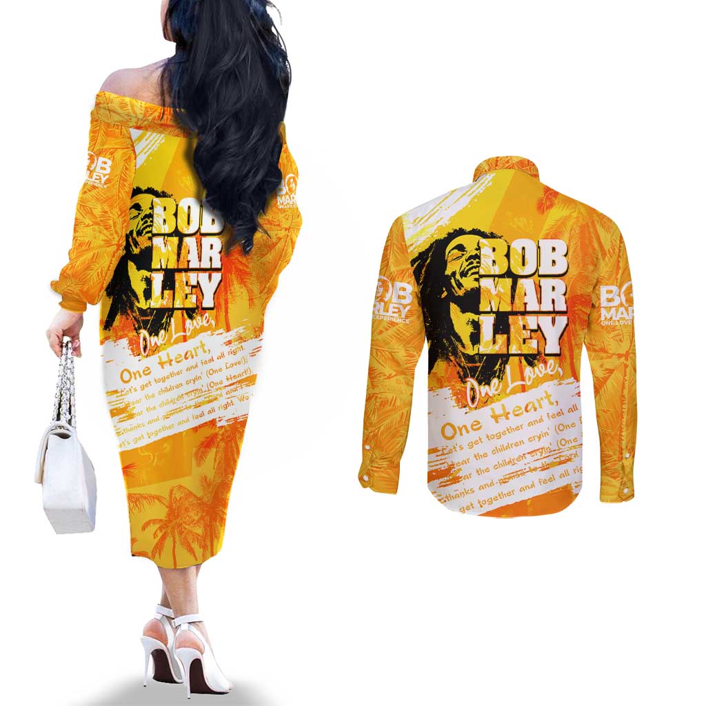 Legend Bob Reggae Couples Matching Off The Shoulder Long Sleeve Dress and Long Sleeve Button Shirt One Love One Heart Tropical Leaf