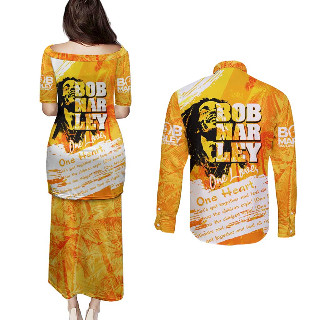 Legend Bob Reggae Couples Matching Puletasi and Long Sleeve Button Shirt One Love One Heart Tropical Leaf
