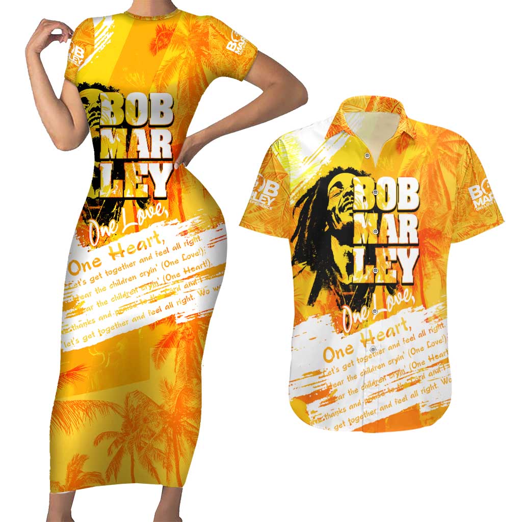 Legend Bob Reggae Couples Matching Short Sleeve Bodycon Dress and Hawaiian Shirt One Love One Heart Tropical Leaf