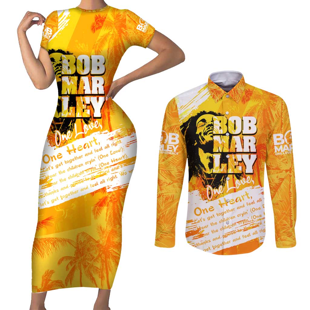 Legend Bob Reggae Couples Matching Short Sleeve Bodycon Dress and Long Sleeve Button Shirt One Love One Heart Tropical Leaf