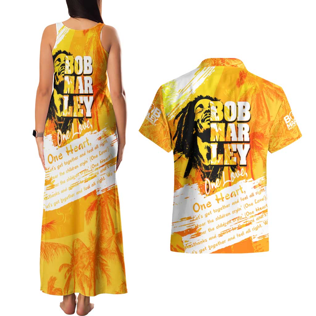 Legend Bob Reggae Couples Matching Tank Maxi Dress and Hawaiian Shirt One Love One Heart Tropical Leaf