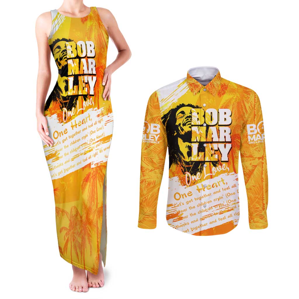Legend Bob Reggae Couples Matching Tank Maxi Dress and Long Sleeve Button Shirt One Love One Heart Tropical Leaf