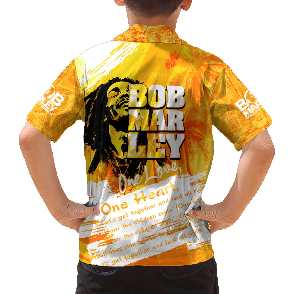 Legend Bob Reggae Family Matching Off The Shoulder Long Sleeve Dress and Hawaiian Shirt One Love One Heart Tropical Leaf