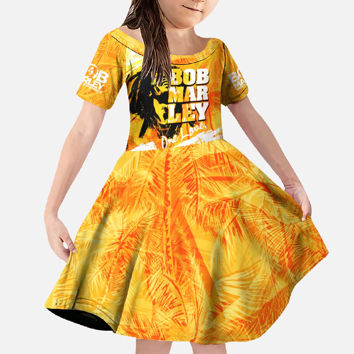 Legend Bob Reggae Family Matching Off The Shoulder Long Sleeve Dress and Hawaiian Shirt One Love One Heart Tropical Leaf