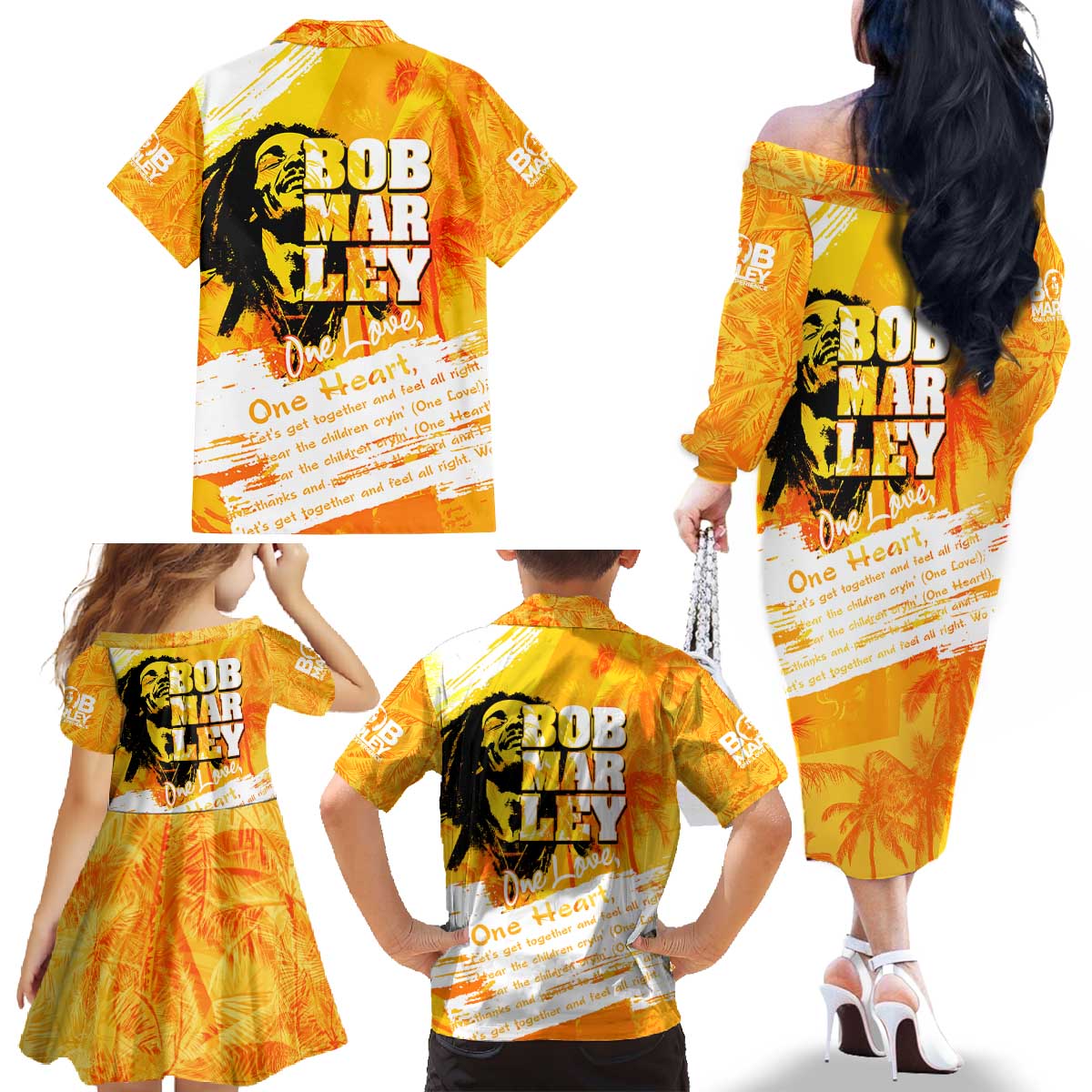 Legend Bob Reggae Family Matching Off The Shoulder Long Sleeve Dress and Hawaiian Shirt One Love One Heart Tropical Leaf