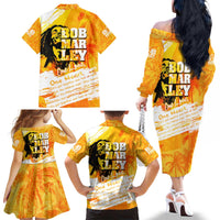 Legend Bob Reggae Family Matching Off The Shoulder Long Sleeve Dress and Hawaiian Shirt One Love One Heart Tropical Leaf